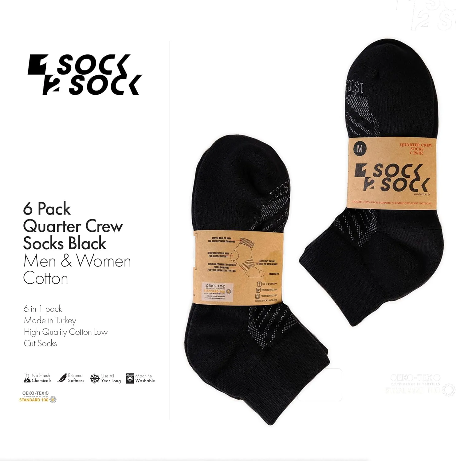 1SOCK2SOCK 6 Pack Ankle Athletic Socks for Men & Women Cotton- Crew Socks- Low Cut- Quarter Cushion Running Socks
