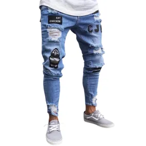 Badge Pencil Pants Mid Waisted Jeans Skinny Men's Ripped Jeans
