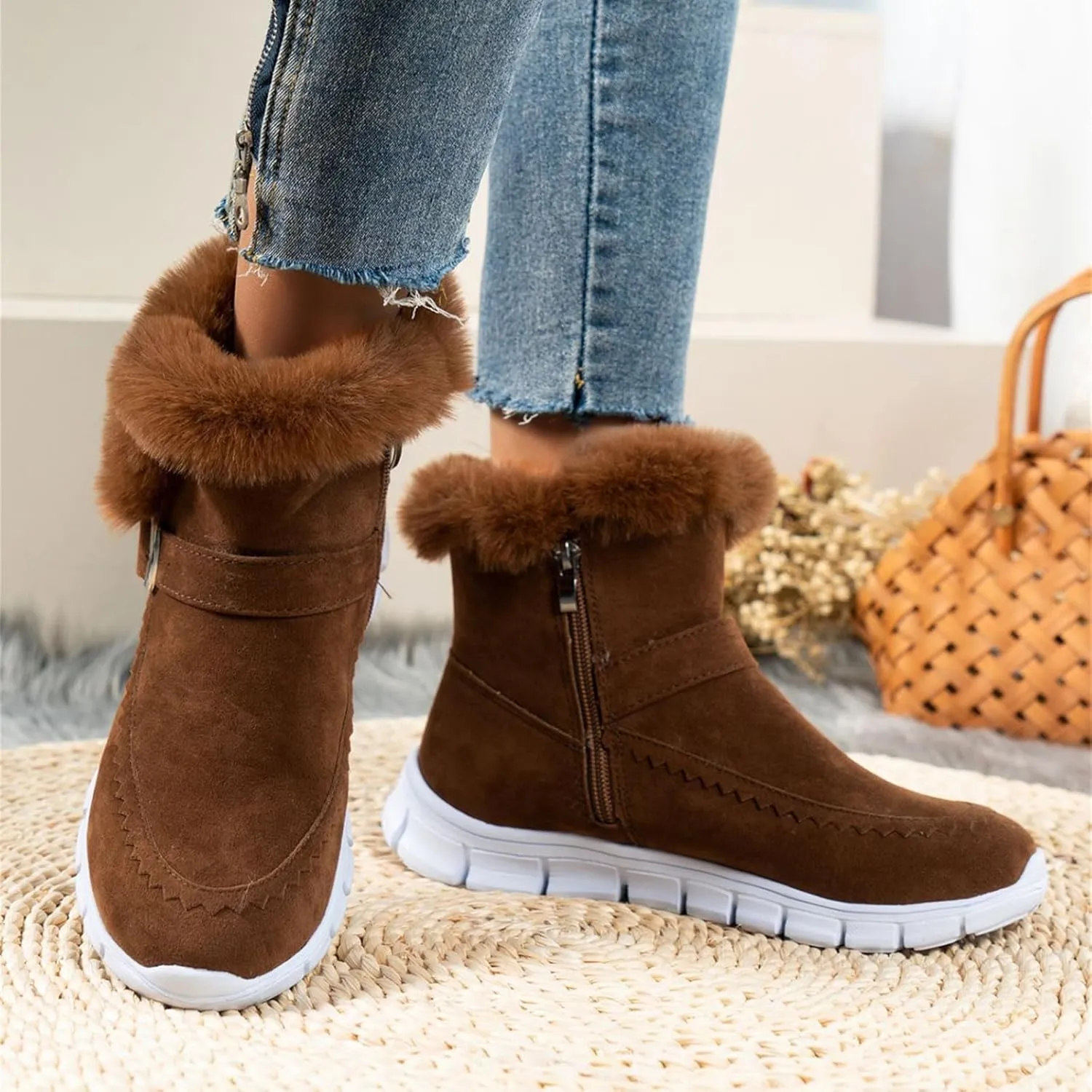 Boots For Women Ankle Booties With Fur Lined Snow Boots Anti-Slip Outdoor Winter Boots Warm Comfortable Loafers Shoes