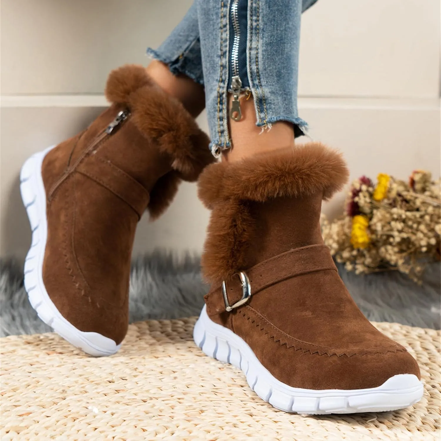 Boots For Women Ankle Booties With Fur Lined Snow Boots Anti-Slip Outdoor Winter Boots Warm Comfortable Loafers Shoes