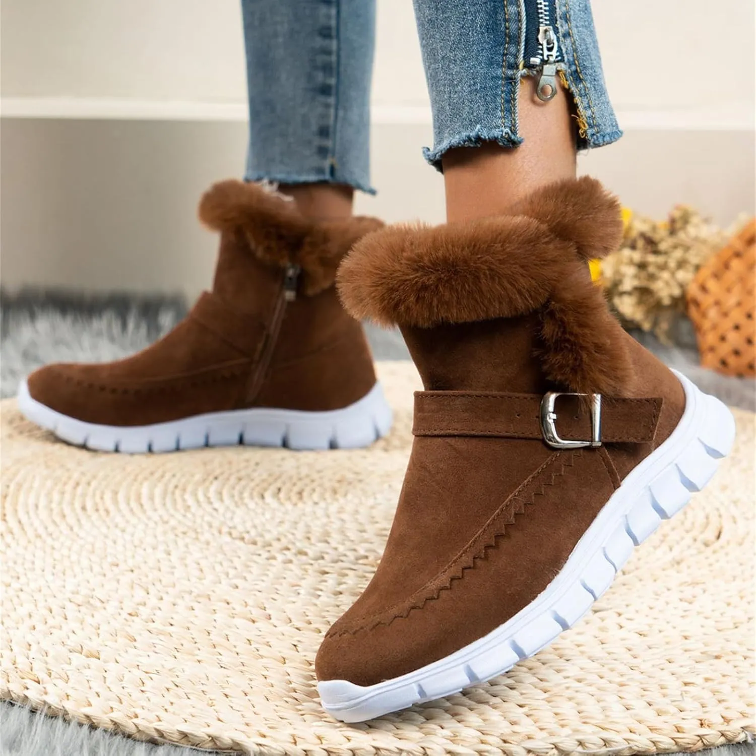Boots For Women Ankle Booties With Fur Lined Snow Boots Anti-Slip Outdoor Winter Boots Warm Comfortable Loafers Shoes
