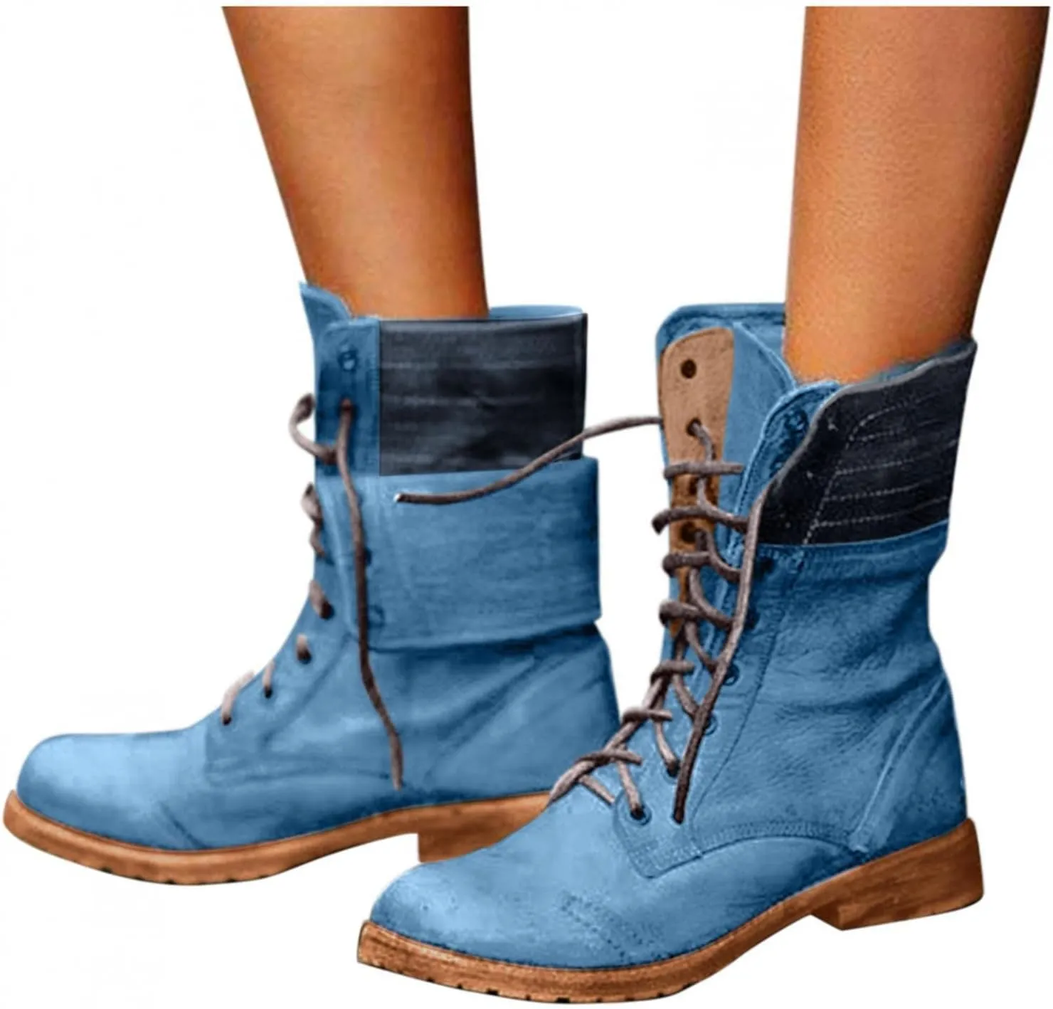 BORAMAX Women's Combat Boots Lace up Ankle Booties Fashion Mid Calf Ankle Booties Winter Warm Snow Boots Motorcycle Boots