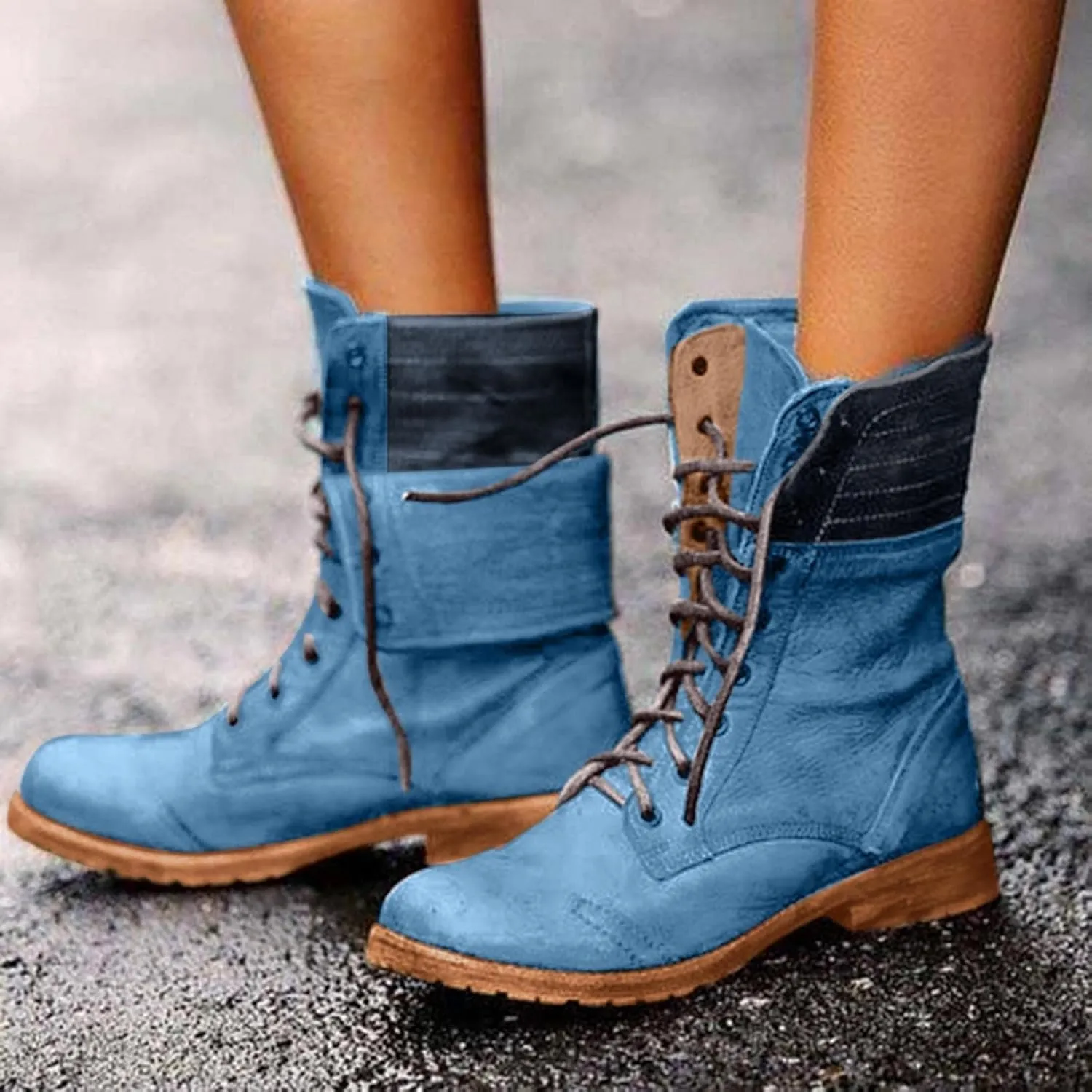 BORAMAX Women's Combat Boots Lace up Ankle Booties Fashion Mid Calf Ankle Booties Winter Warm Snow Boots Motorcycle Boots