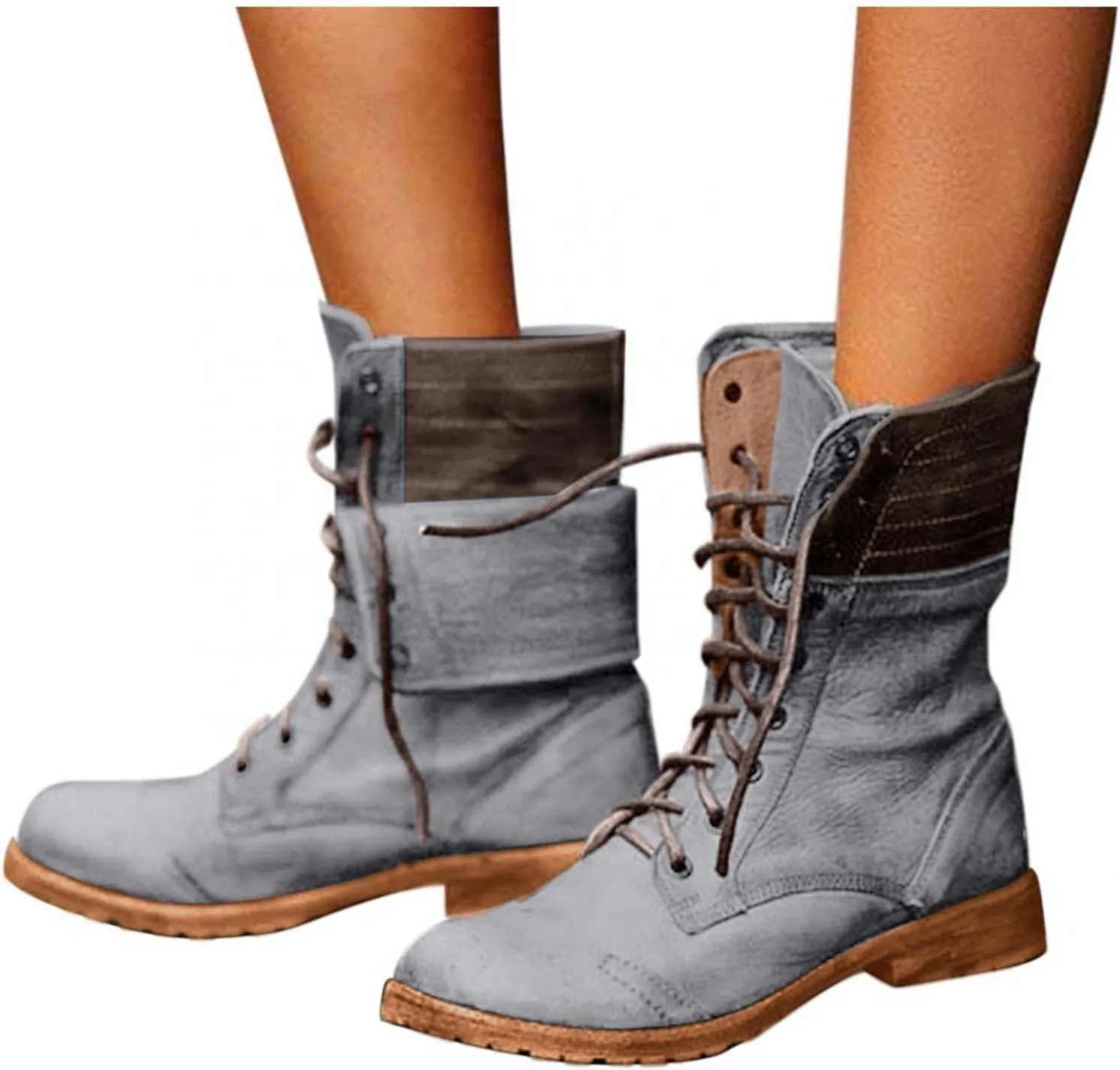 BORAMAX Women's Combat Boots Lace up Ankle Booties Fashion Mid Calf Ankle Booties Winter Warm Snow Boots Motorcycle Boots