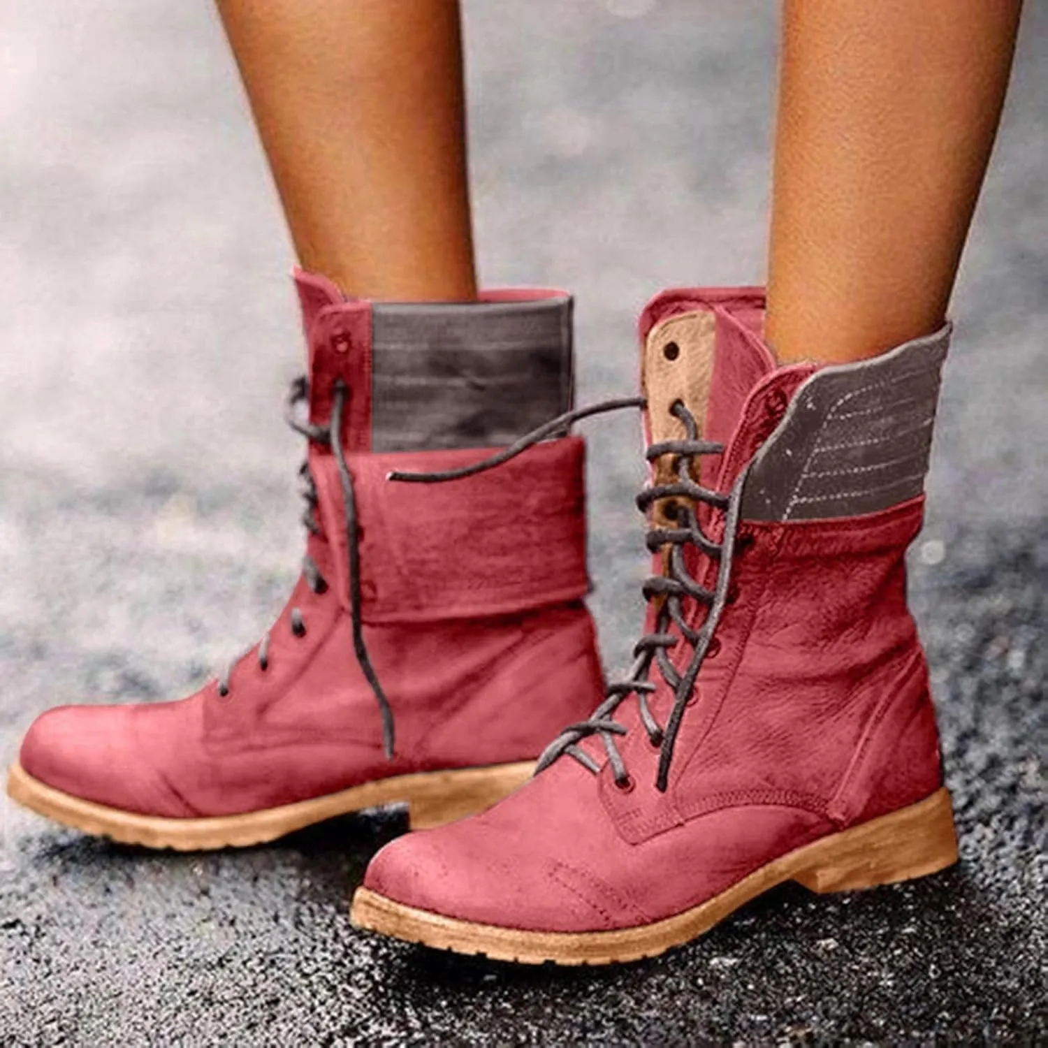 BORAMAX Women's Combat Boots Lace up Ankle Booties Fashion Mid Calf Ankle Booties Winter Warm Snow Boots Motorcycle Boots