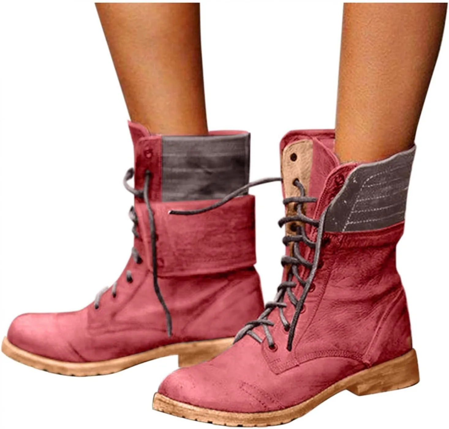 BORAMAX Women's Combat Boots Lace up Ankle Booties Fashion Mid Calf Ankle Booties Winter Warm Snow Boots Motorcycle Boots