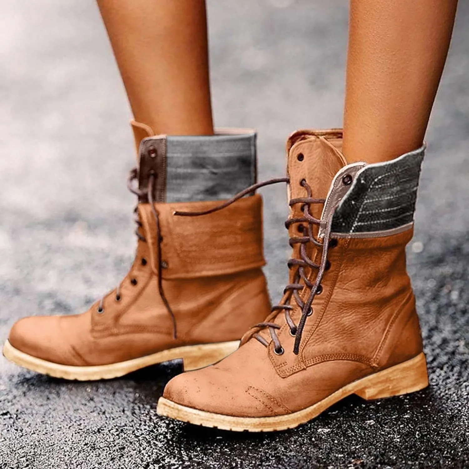 BORAMAX Women's Combat Boots Lace up Ankle Booties Fashion Mid Calf Ankle Booties Winter Warm Snow Boots Motorcycle Boots