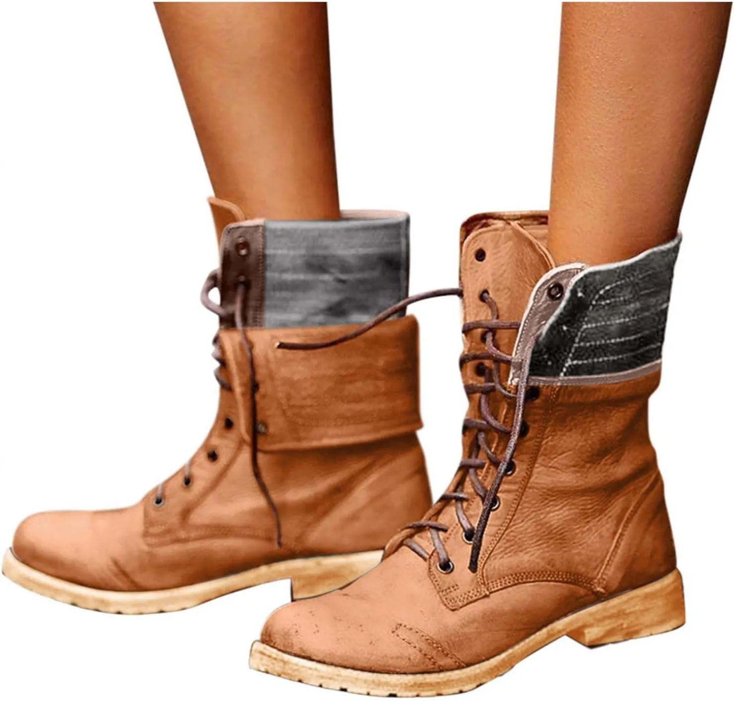 BORAMAX Women's Combat Boots Lace up Ankle Booties Fashion Mid Calf Ankle Booties Winter Warm Snow Boots Motorcycle Boots