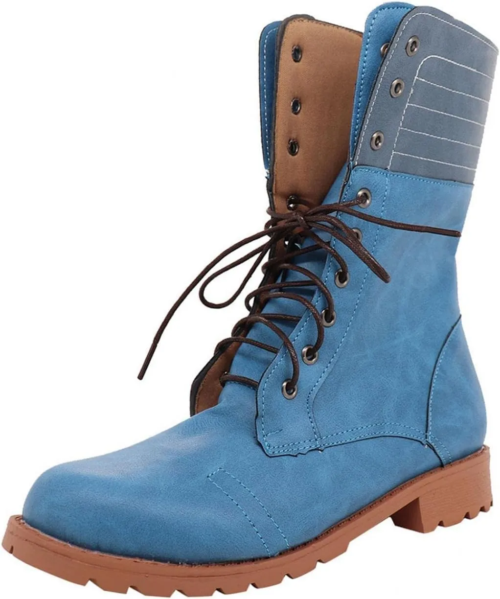 BORAMAX Women's Combat Boots Lace up Ankle Booties Fashion Mid Calf Ankle Booties Winter Warm Snow Boots Motorcycle Boots