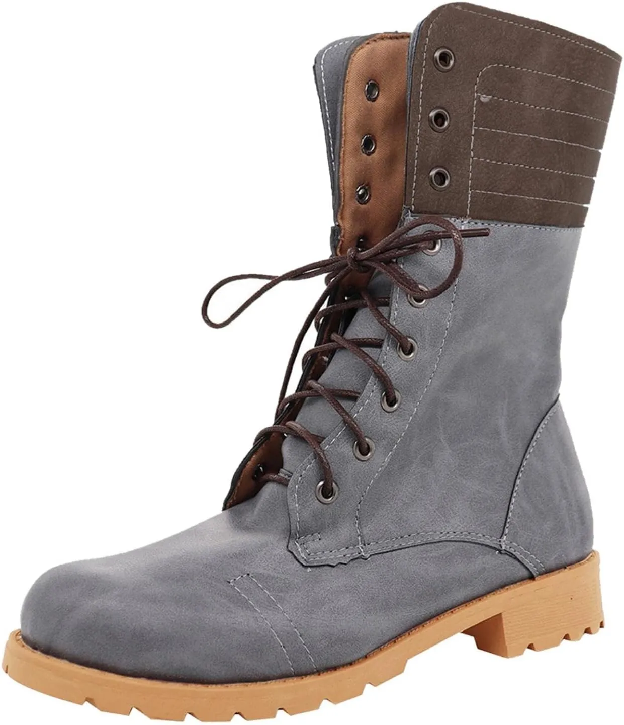 BORAMAX Women's Combat Boots Lace up Ankle Booties Fashion Mid Calf Ankle Booties Winter Warm Snow Boots Motorcycle Boots