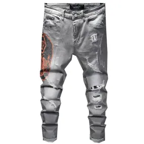 Cat Whiskers Elasticity Mid Waist Pencil Pants Fit Men's Jeans