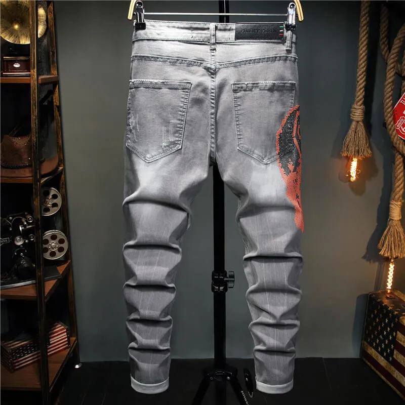 Cat Whiskers Elasticity Mid Waist Pencil Pants Fit Men's Jeans