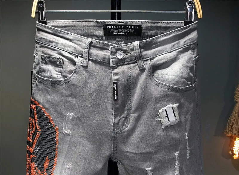 Cat Whiskers Elasticity Mid Waist Pencil Pants Fit Men's Jeans