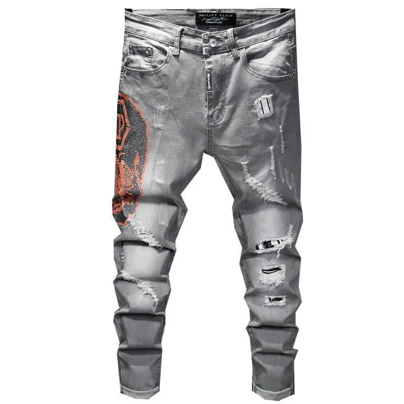 Cat Whiskers Elasticity Mid Waist Pencil Pants Fit Men's Jeans