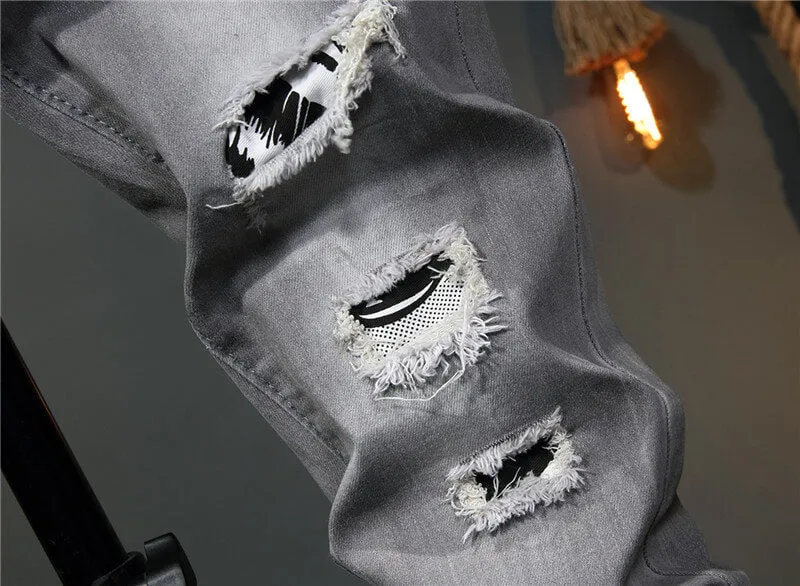 Cat Whiskers Elasticity Mid Waist Pencil Pants Fit Men's Jeans