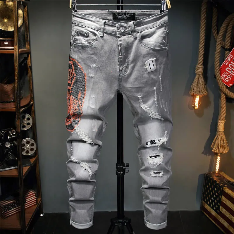 Cat Whiskers Elasticity Mid Waist Pencil Pants Fit Men's Jeans