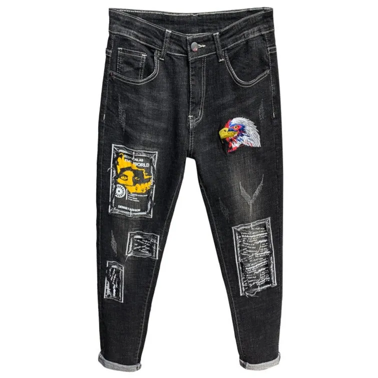 Eagle Head Embroidery Printed Denim Men's Patch Straight Pants