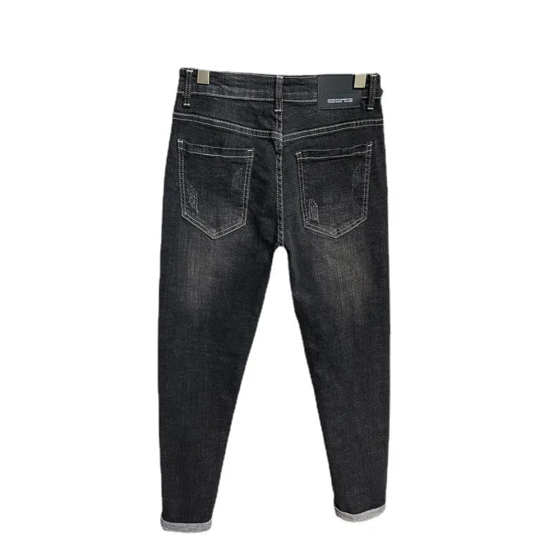 Eagle Head Embroidery Printed Denim Men's Patch Straight Pants