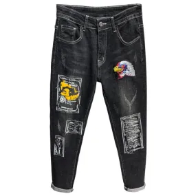 Eagle Head Embroidery Printed Denim Men's Patch Straight Pants