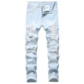 Fashion Inelasticity Mid Waist Men's Destroyed Jeans Straight Pants