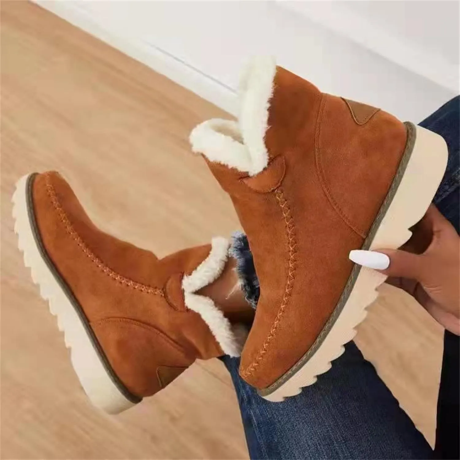Lausiuoe Trending Winter Boots For Women 2024 Snow Ankle Booties Slip On Comfortable Fuzzy Fashion Casual Loafers Shoes