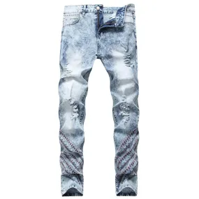 Mid Waisted Jeans Embroider Straight Pants Men's Ripped Jeans