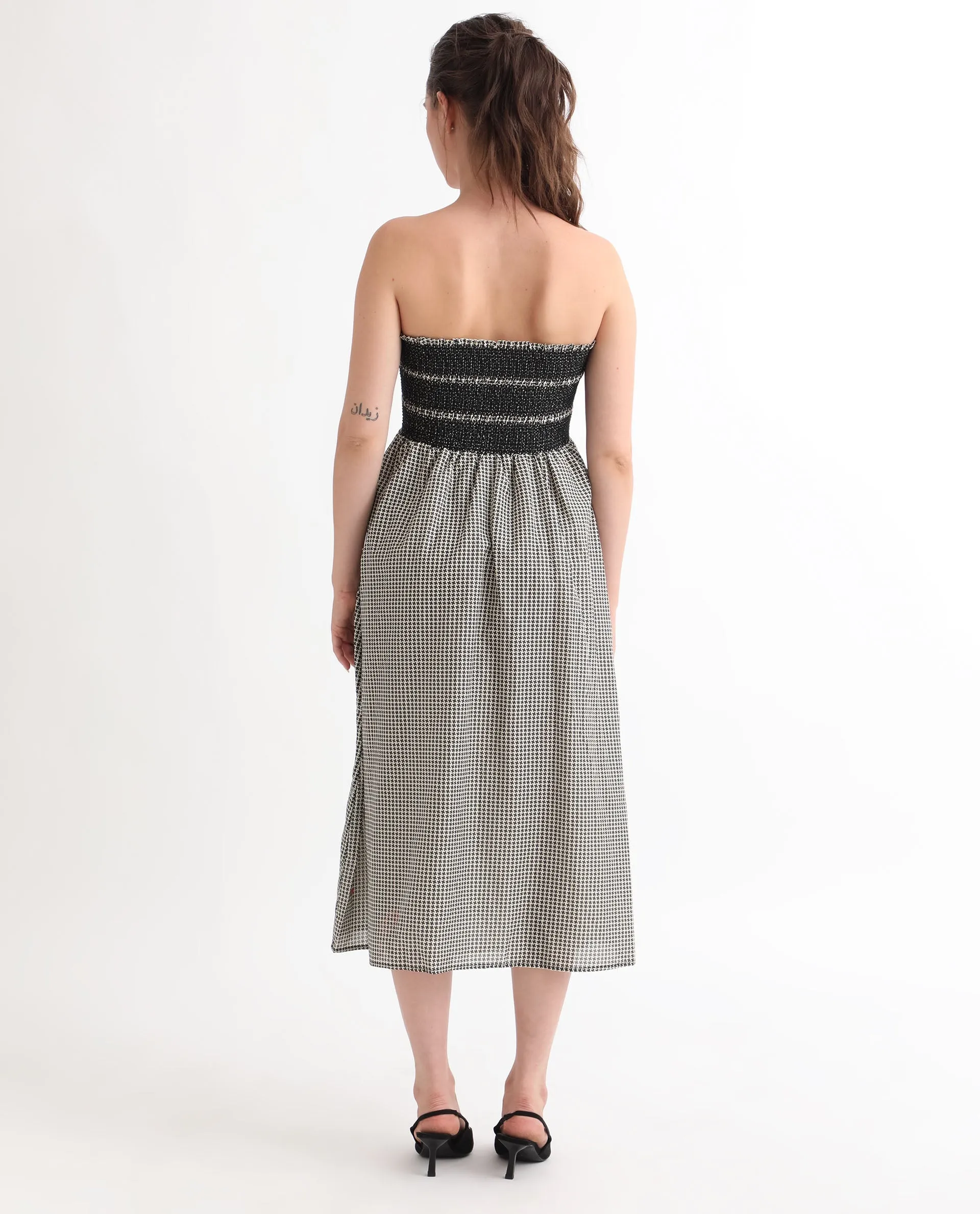 Rareism Women Anderson Beige Cotton Fabric Tube Neck Sleeveless Relaxed Fit Geometric Print Midi Empire Dress