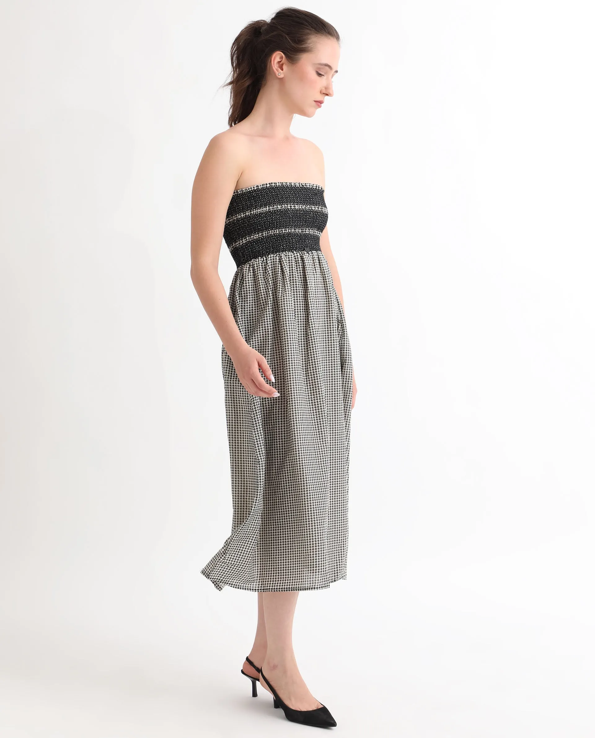 Rareism Women Anderson Beige Cotton Fabric Tube Neck Sleeveless Relaxed Fit Geometric Print Midi Empire Dress