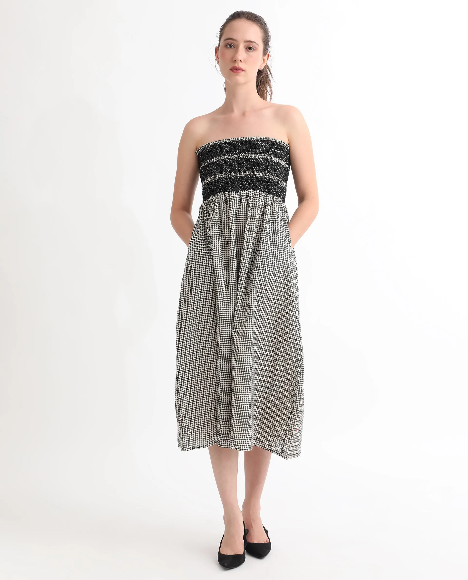 Rareism Women Anderson Beige Cotton Fabric Tube Neck Sleeveless Relaxed Fit Geometric Print Midi Empire Dress