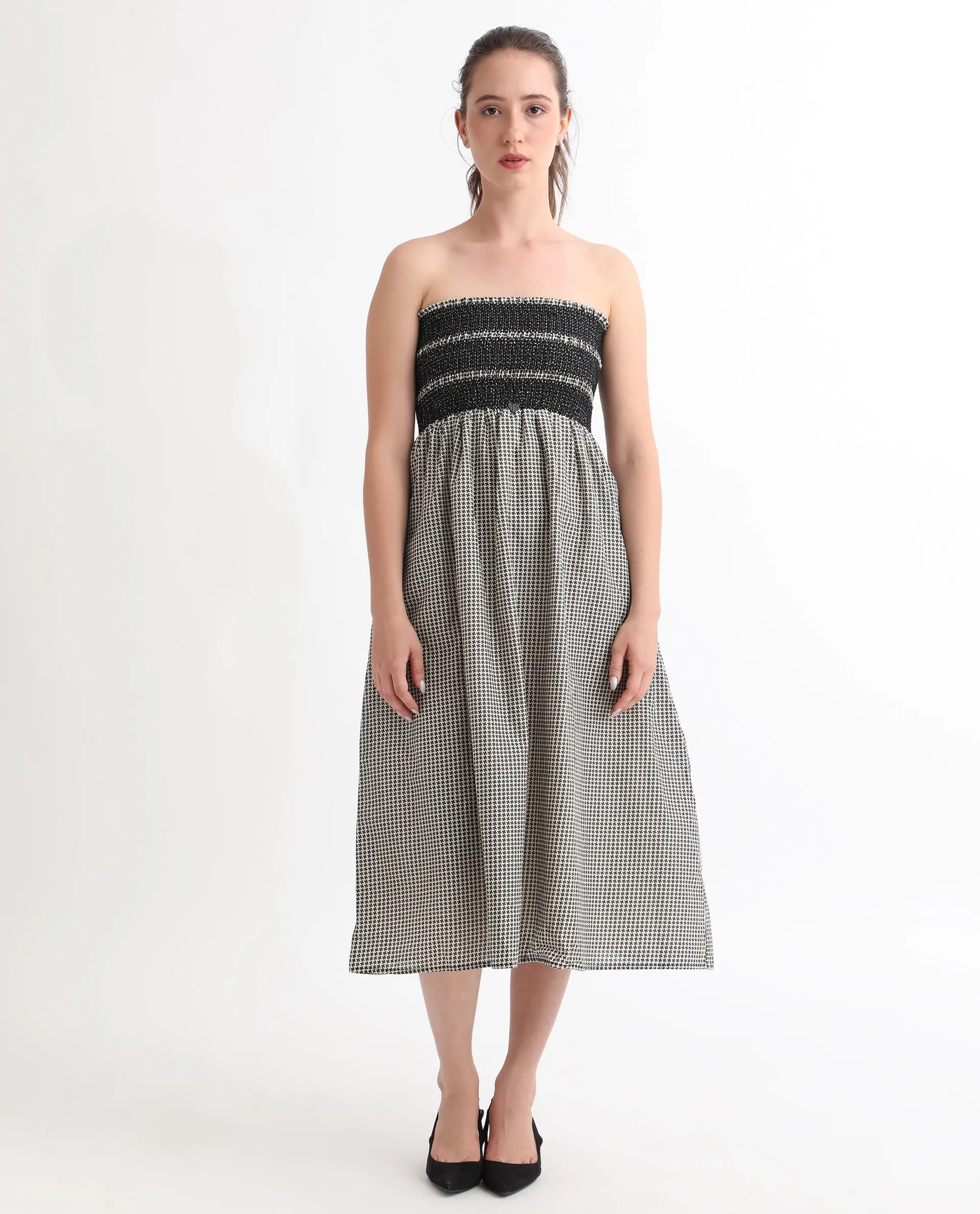 Rareism Women Anderson Beige Cotton Fabric Tube Neck Sleeveless Relaxed Fit Geometric Print Midi Empire Dress