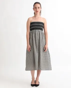 Rareism Women Anderson Beige Cotton Fabric Tube Neck Sleeveless Relaxed Fit Geometric Print Midi Empire Dress