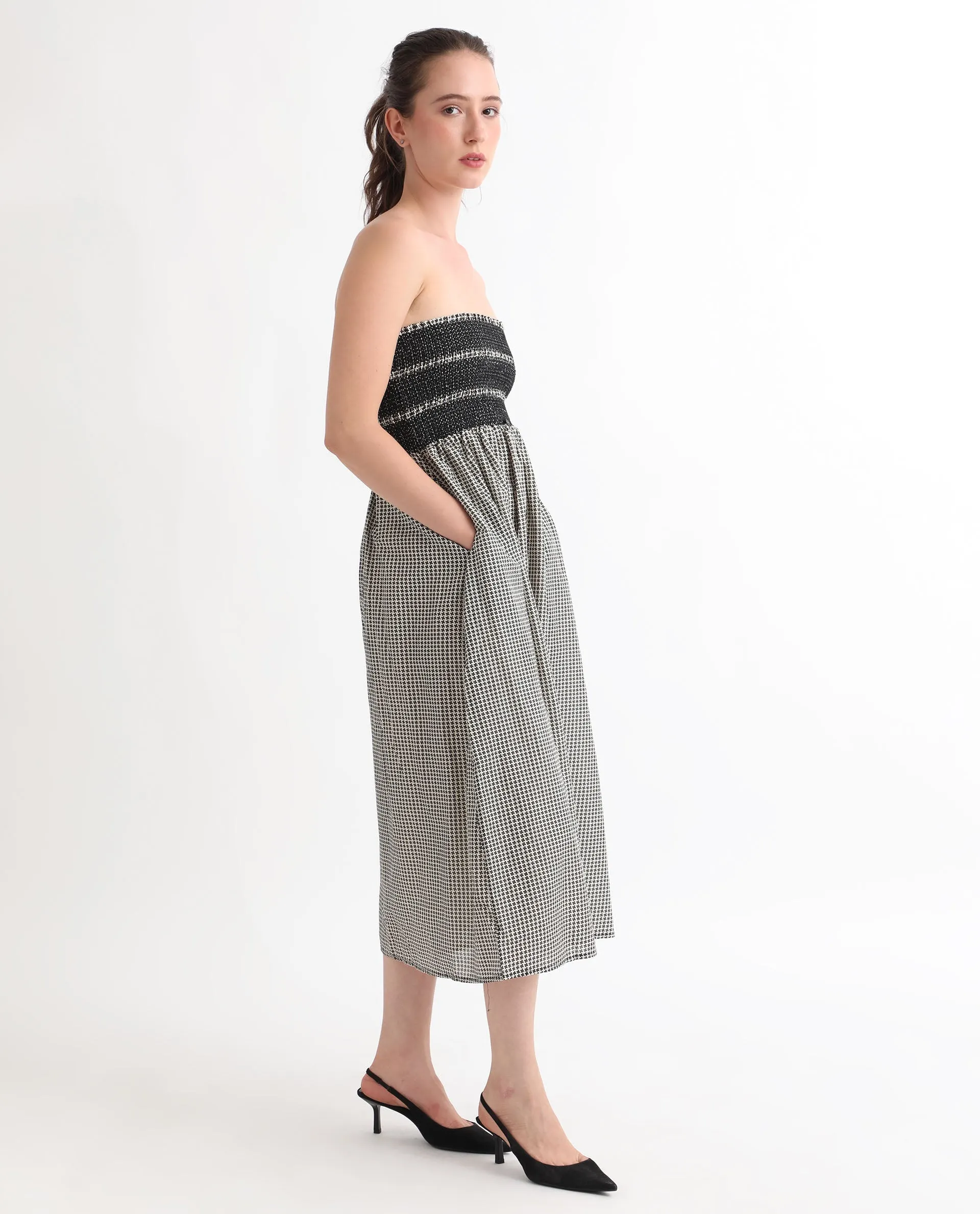 Rareism Women Anderson Beige Cotton Fabric Tube Neck Sleeveless Relaxed Fit Geometric Print Midi Empire Dress