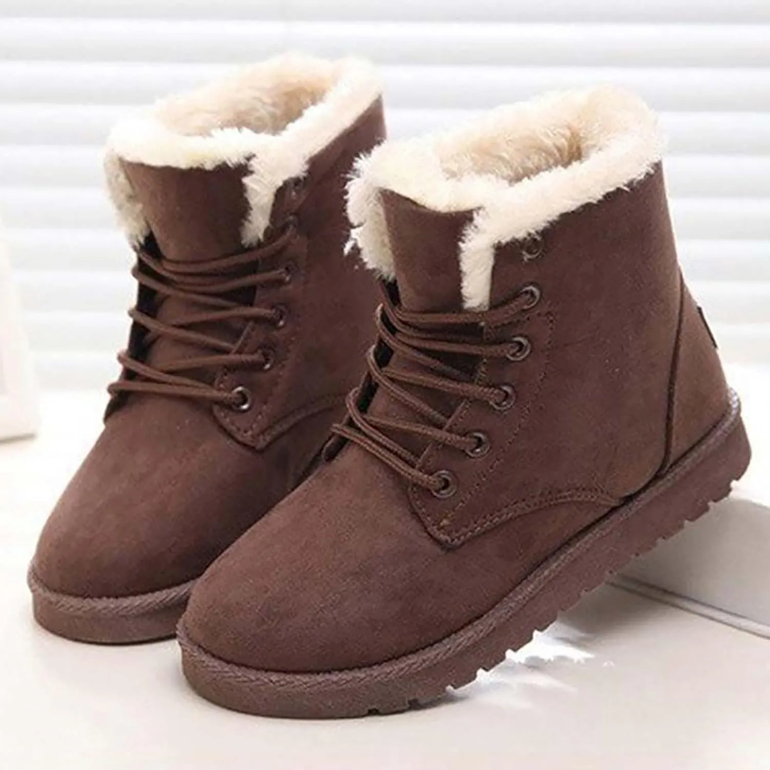 Snow Boots for Women Waterproof, Wide Width Ankle Boots Lace-Up Mid Calf Booties Warm Fur Lining Boots Anti Slip Waterproof Hook Loop Comfortable Outdoor Boot