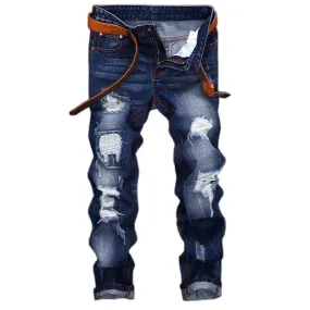 Straight Pants Mid Waist Long Trousers Men's Ripped Urban Jeans