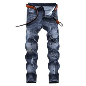 Washed Fashion Straight Pants Men's Ripped Mid Waist Jeans