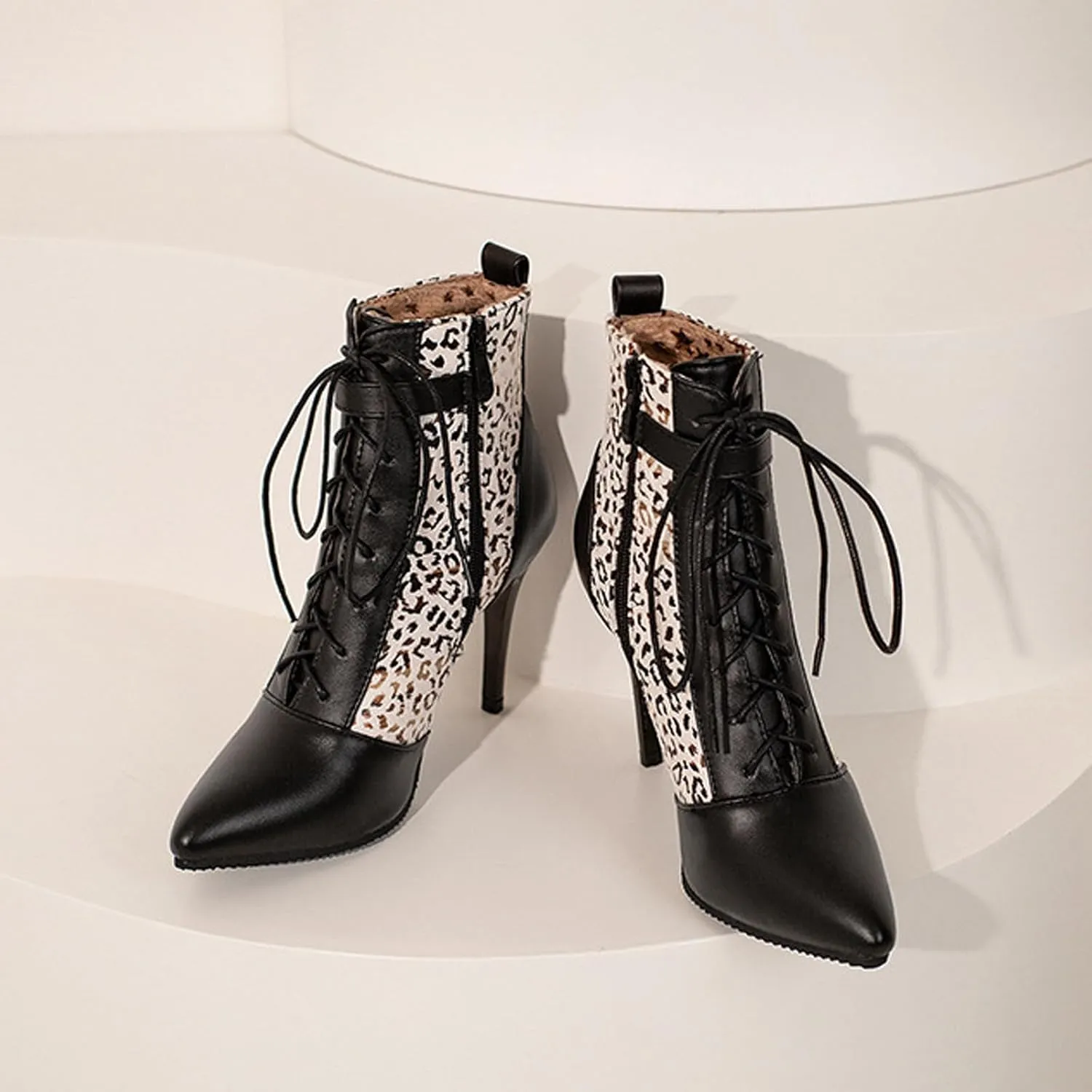 Women Ankle Boot Ladies High Heels Side Zipper Ladies Lace Up Mid Calf Boots Platform Synthetic Short Boots Elegant Shoe