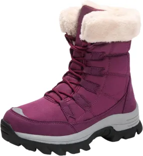 Women Snow Boot with Waterproof Lace Up Mid Calf Outdoor Winter Deep Tread Rubber Sole Cotton Lined Ski Shoes (Purple, 6.5)