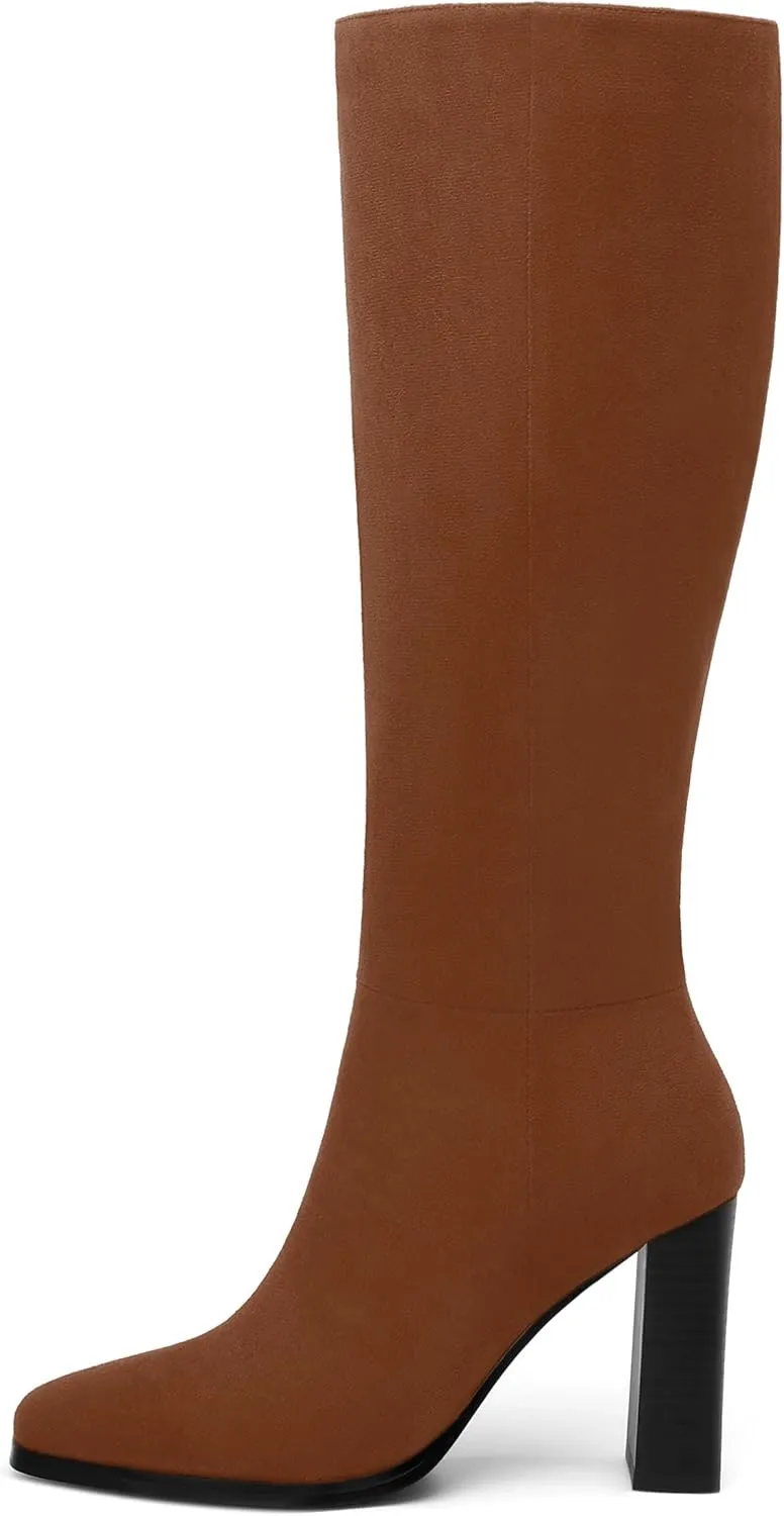 Womens High Heeled Knee High Boots, Square Toe Chunky Heel Knee-high Boots for Women, Fashion Dress Boots Zipper 3.5"