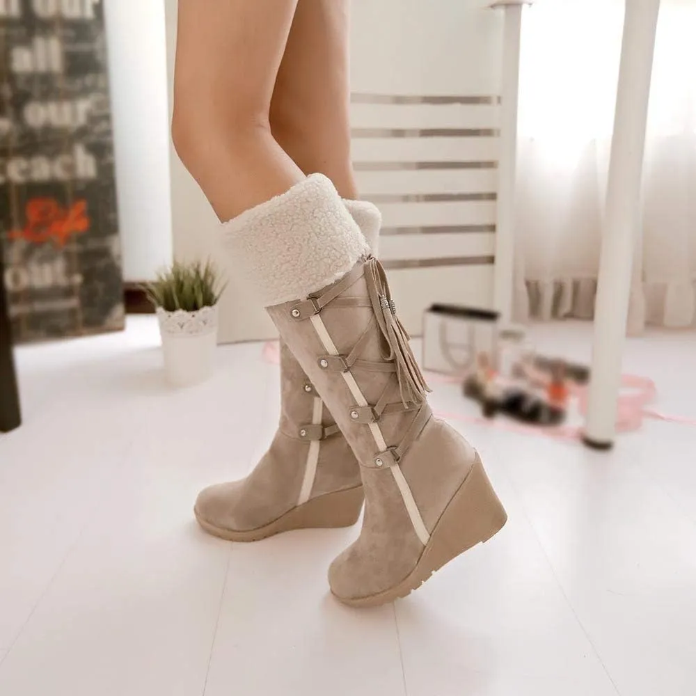 Women's Winter Fuzzy Collar Wedge The Knee Thigh Snow Boots Warm Non-slip Comfortable Pull On High Boots