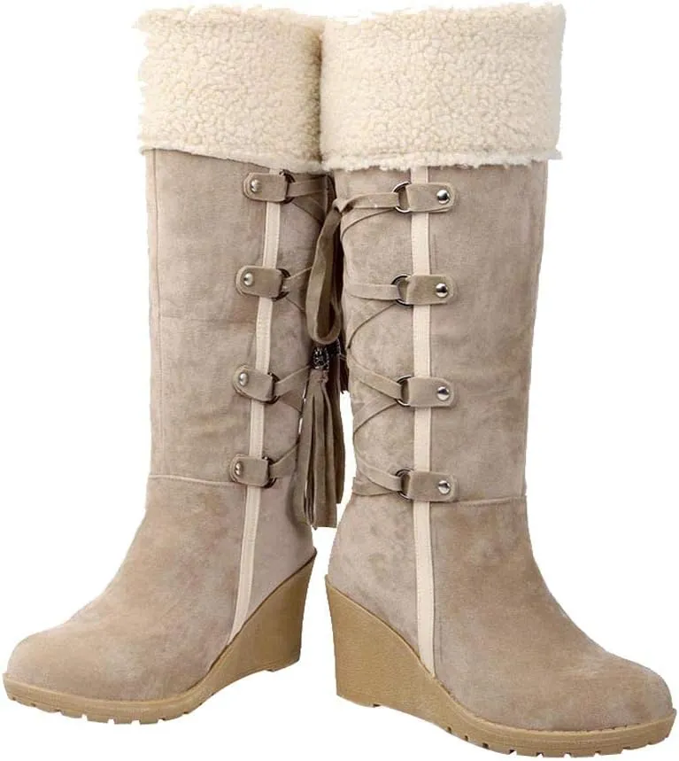Women's Winter Fuzzy Collar Wedge The Knee Thigh Snow Boots Warm Non-slip Comfortable Pull On High Boots