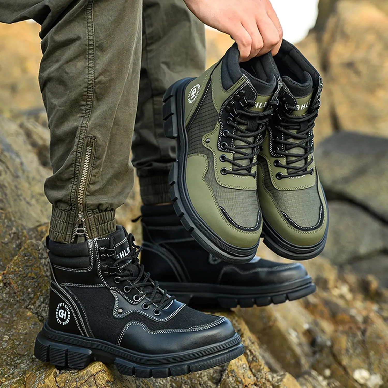 Work Safety Boots for Men Waterproof Lightweight Leather Mid Cut Arch Support Steel Toe Construction Sneakers