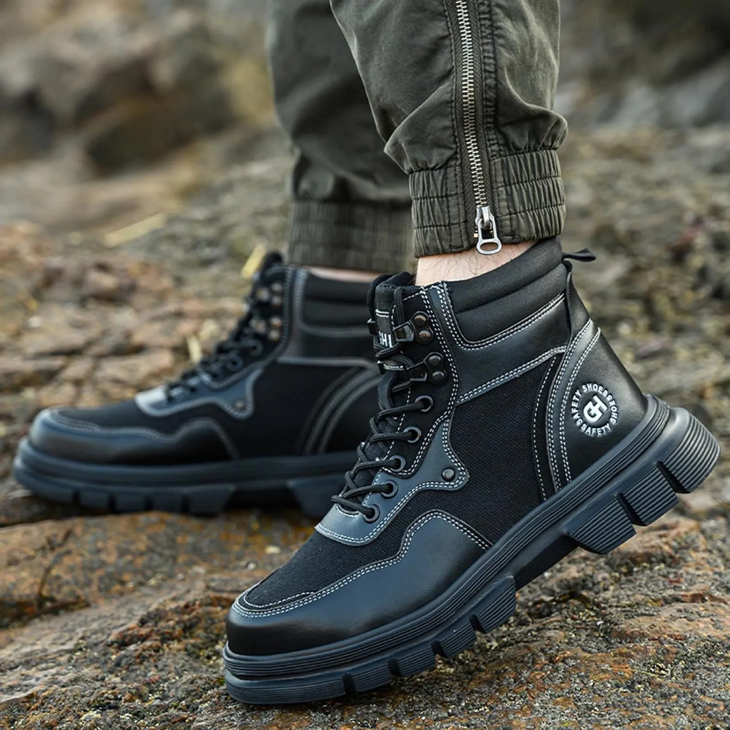 Work Safety Boots for Men Waterproof Lightweight Leather Mid Cut Arch Support Steel Toe Construction Sneakers