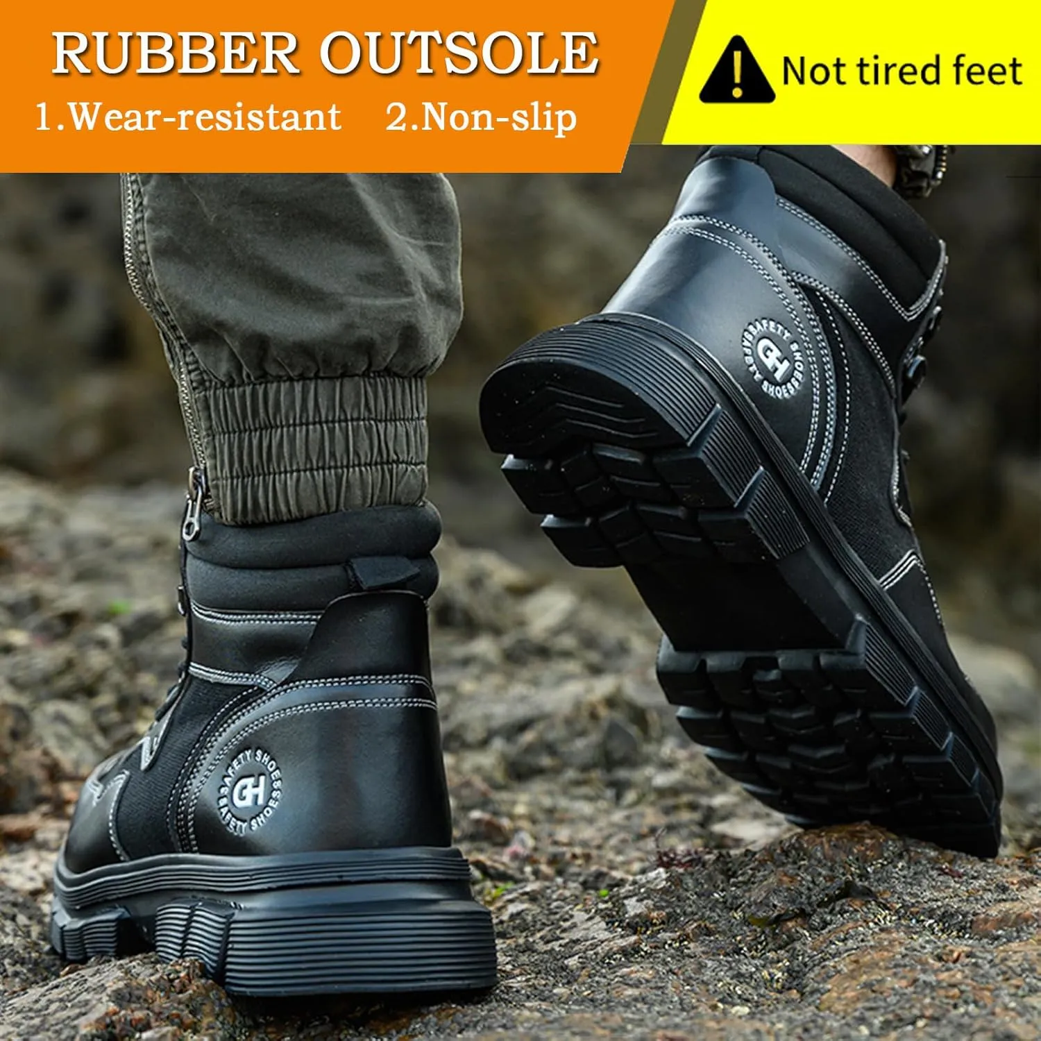 Work Safety Boots for Men Waterproof Lightweight Leather Mid Cut Arch Support Steel Toe Construction Sneakers