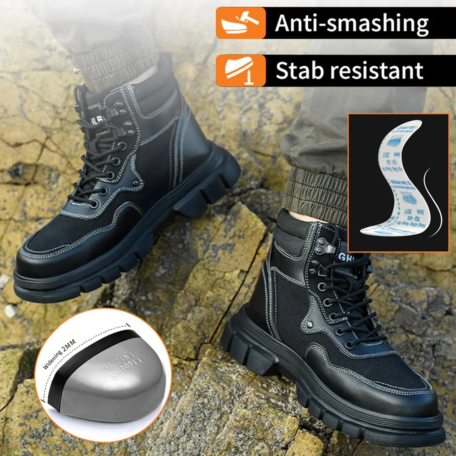 Work Safety Boots for Men Waterproof Lightweight Leather Mid Cut Arch Support Steel Toe Construction Sneakers