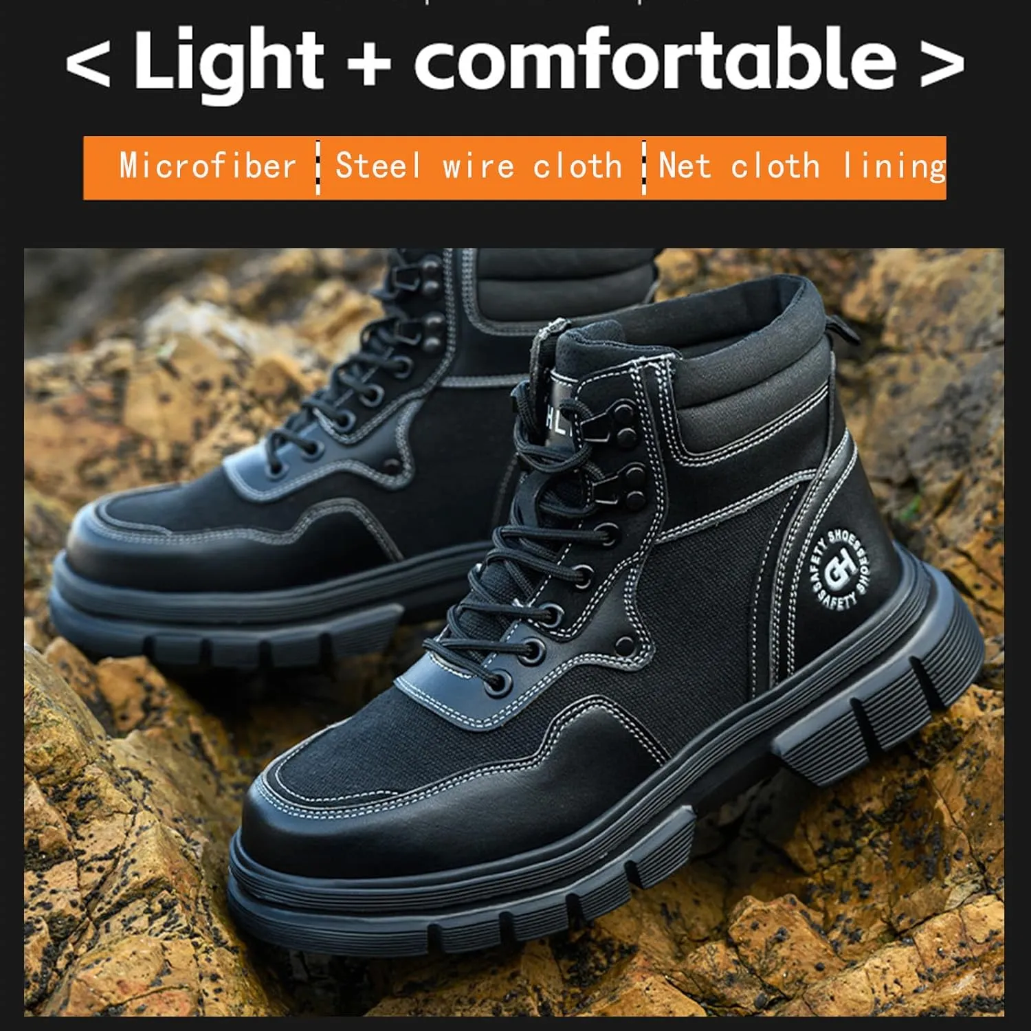 Work Safety Boots for Men Waterproof Lightweight Leather Mid Cut Arch Support Steel Toe Construction Sneakers